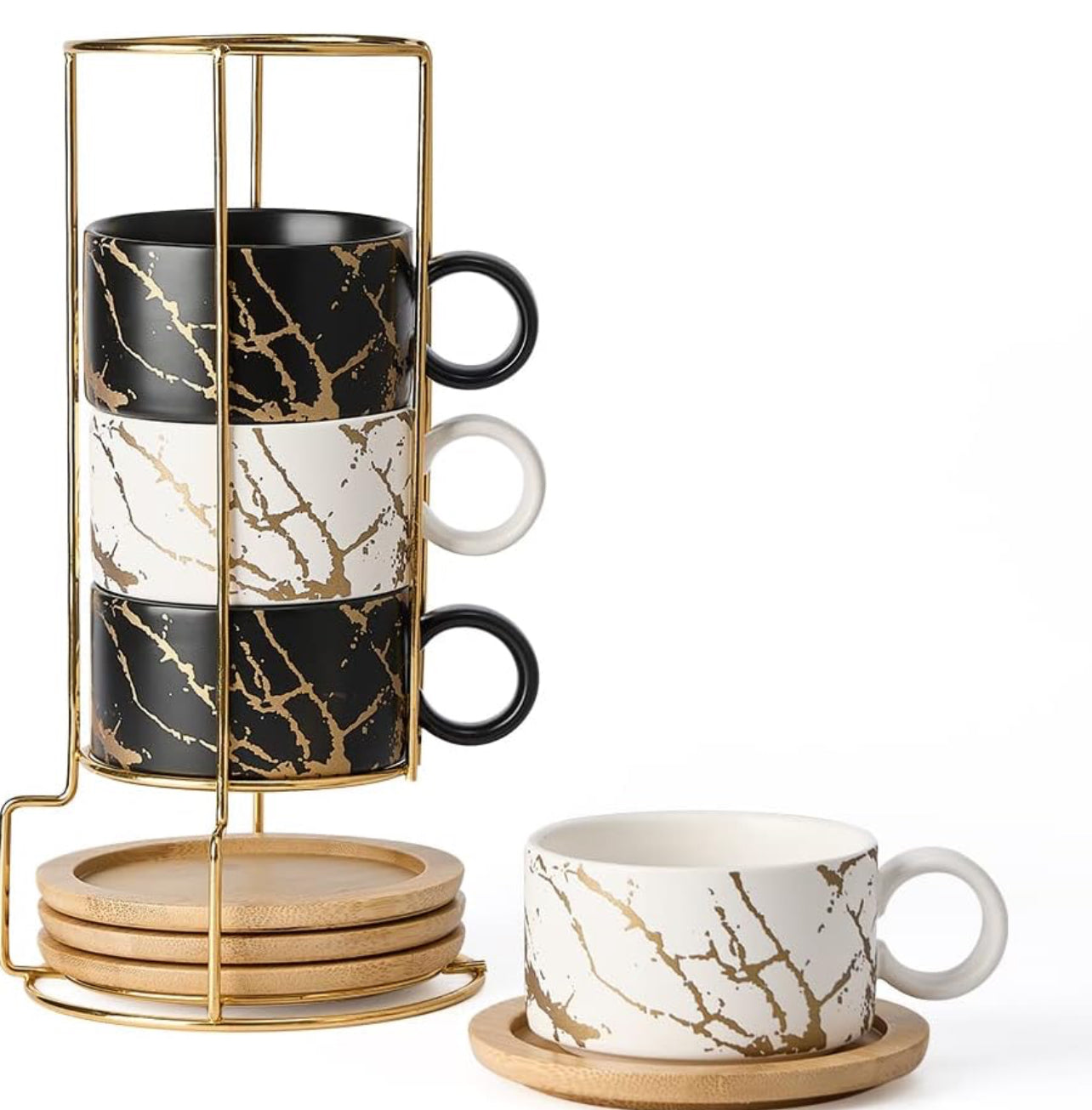 Taza de café expreso de porcelana con platillo y soporte de metal, 6 onzas líquidas apilables de cerámica Demitasse