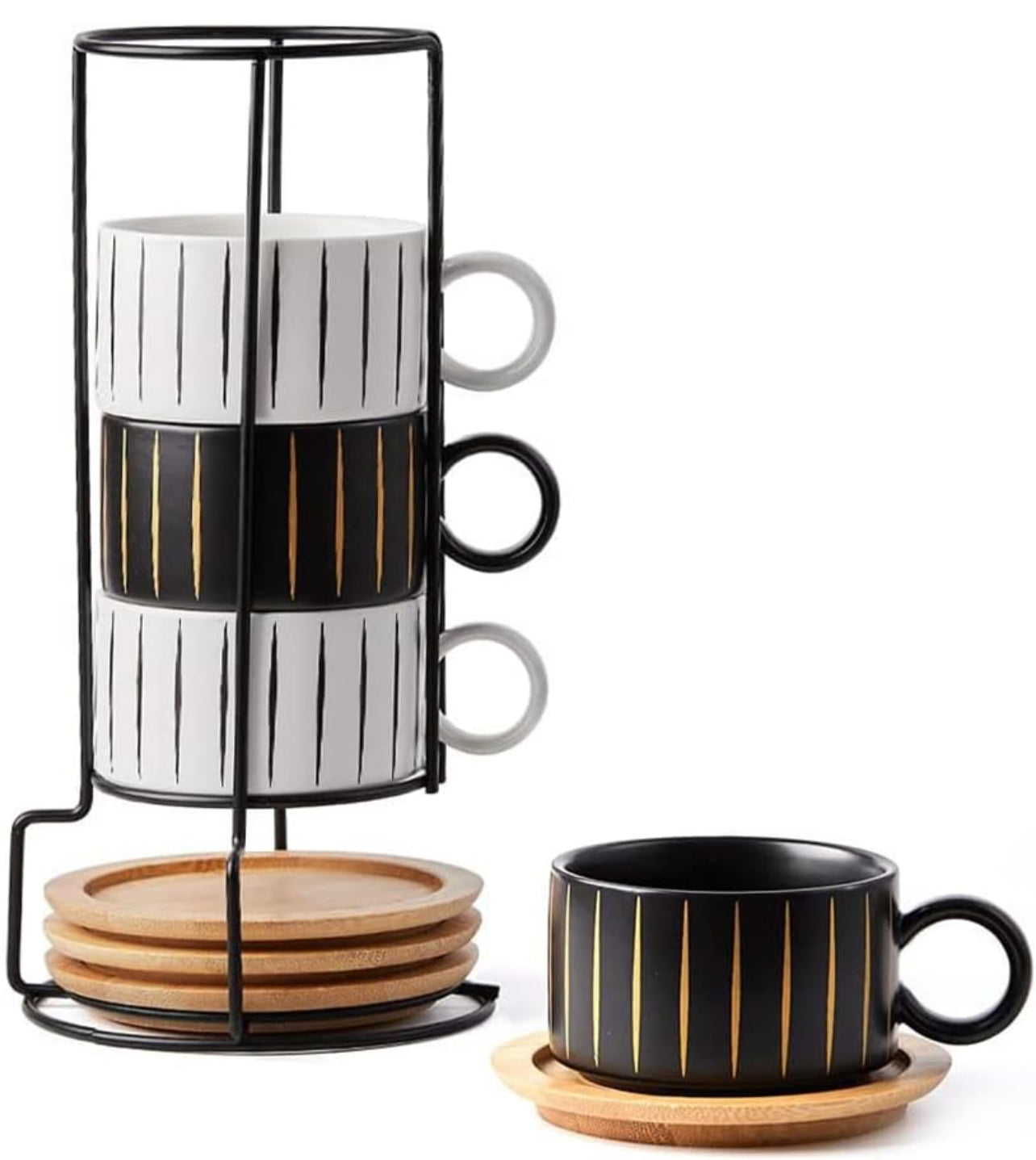 Taza de café expreso de porcelana con platillo y soporte de metal, 6 onzas líquidas apilables de cerámica Demitasse