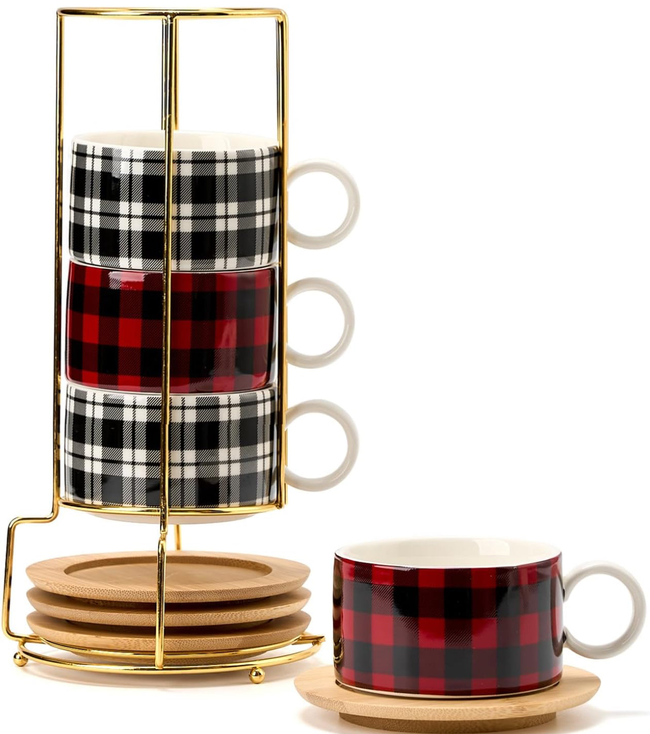Taza de café expreso de porcelana con platillo y soporte de metal, 6 onzas líquidas apilables de cerámica Demitasse