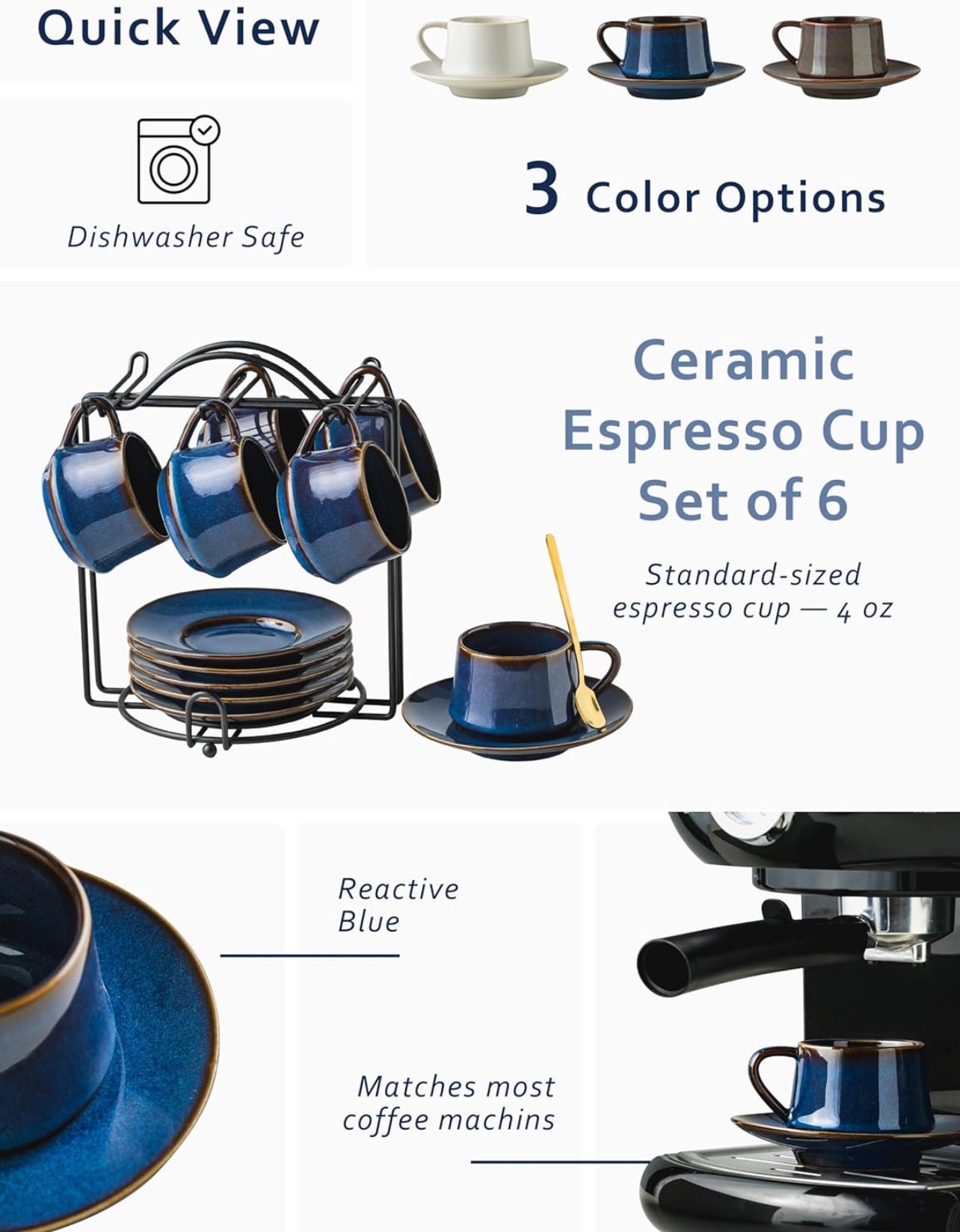 Juego de 6 tazas de café Expresso Shots de 4 onzas con soporte de metal