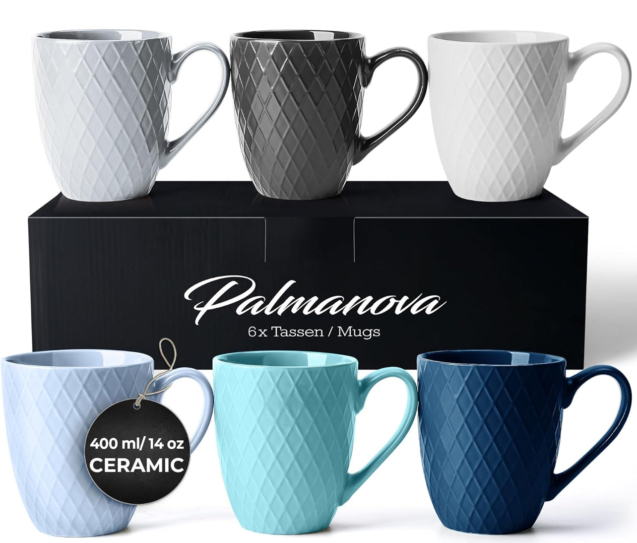Juego de 6 tazas de café / Tazas de café - Tazas de cerámica de 6 x 14 onzas - Tazas de café grandes - Aptas para microondas y lavavajillas - Colección Palmanova