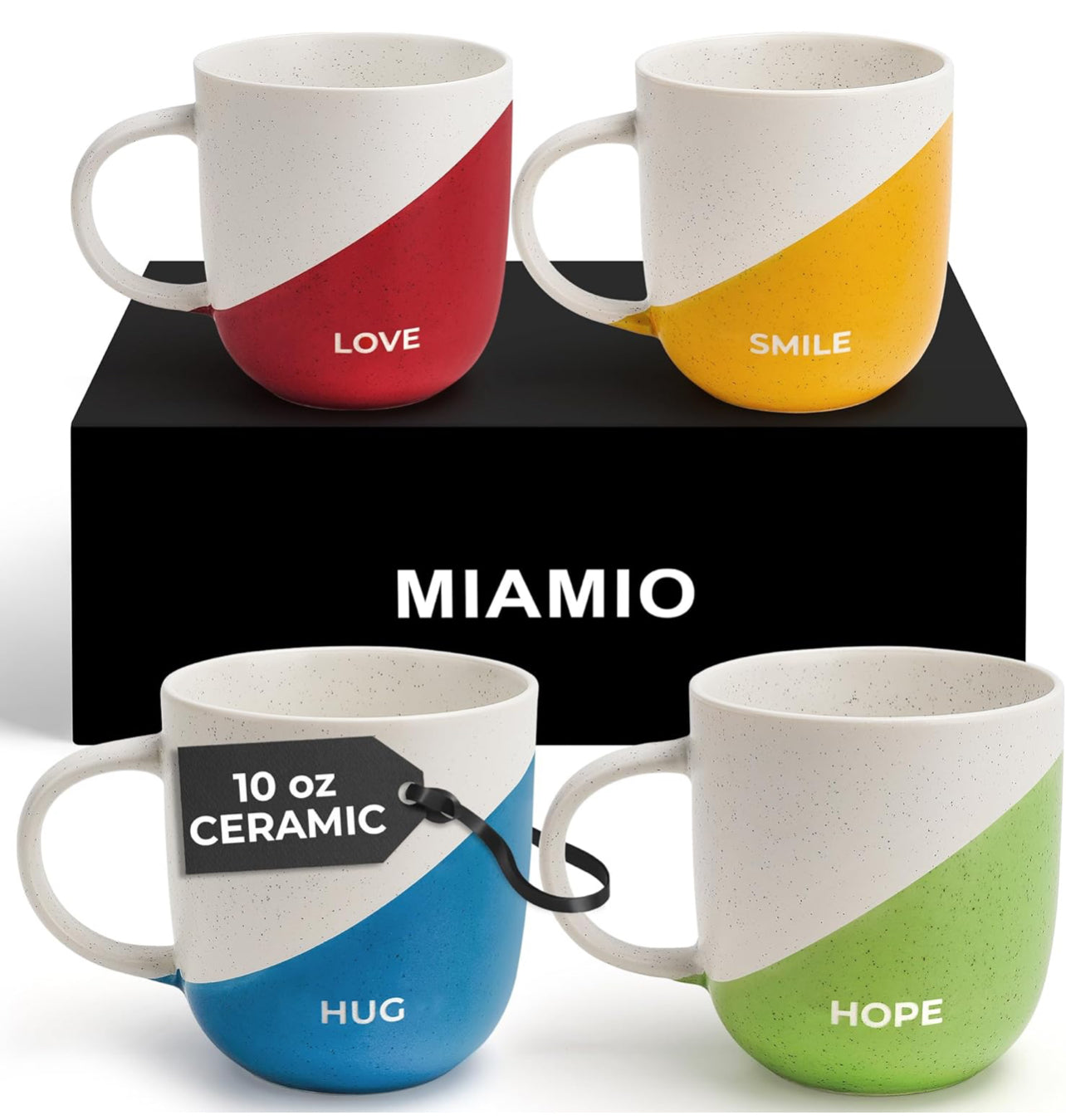 Juego de 4 tazas de café inspiradoras de 10 onzas con refranes/regalos para esposa, marido, mujeres, hombres, familia, amigos, microondas y lavavajillas (vida feliz)