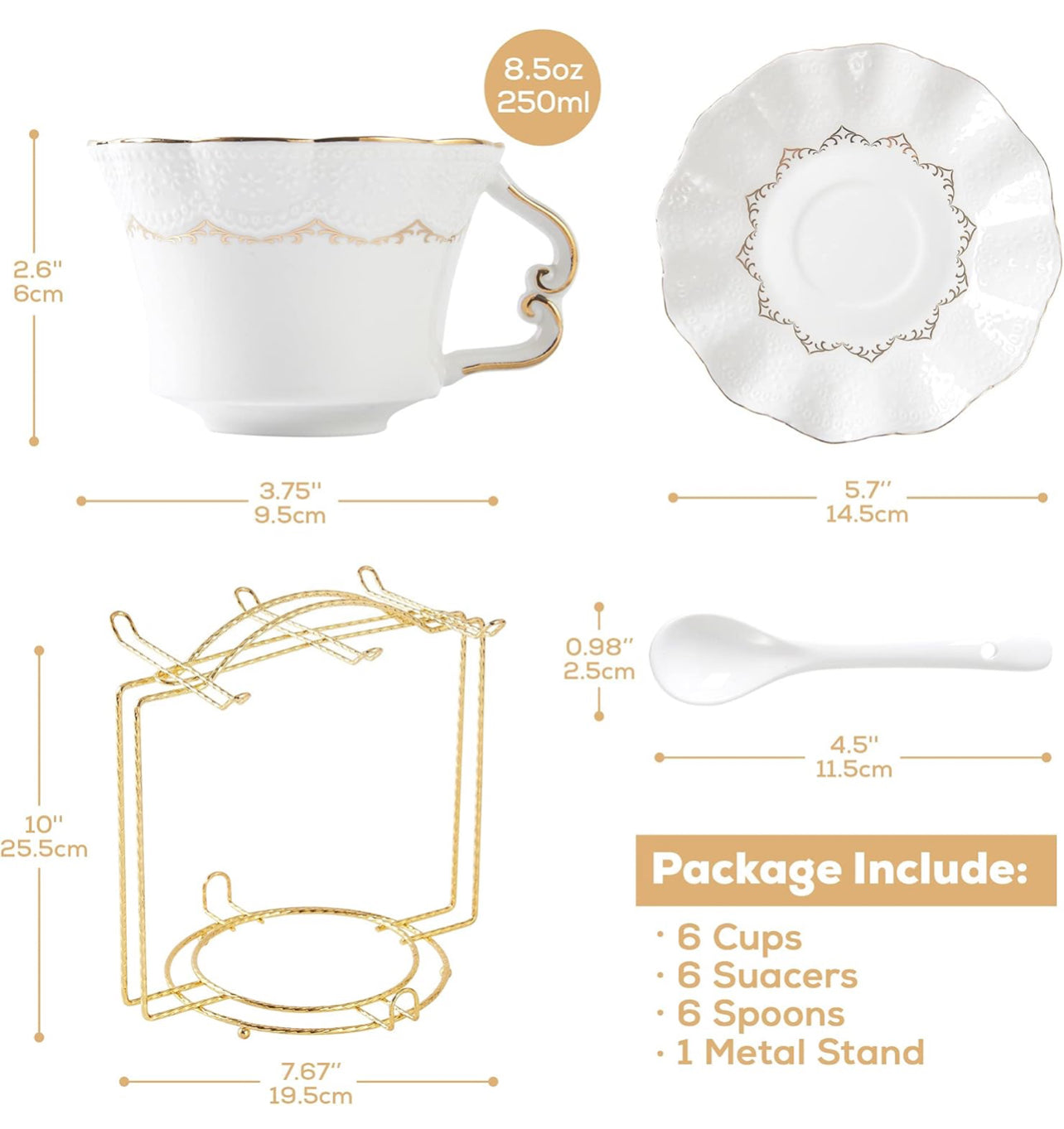 Tazas de té y platillos con borde dorado, juego de 6 (8.5 onzas), tazas de café con impresión de alivio de lujo con soporte de metal, juego de fiesta de té de porcelana