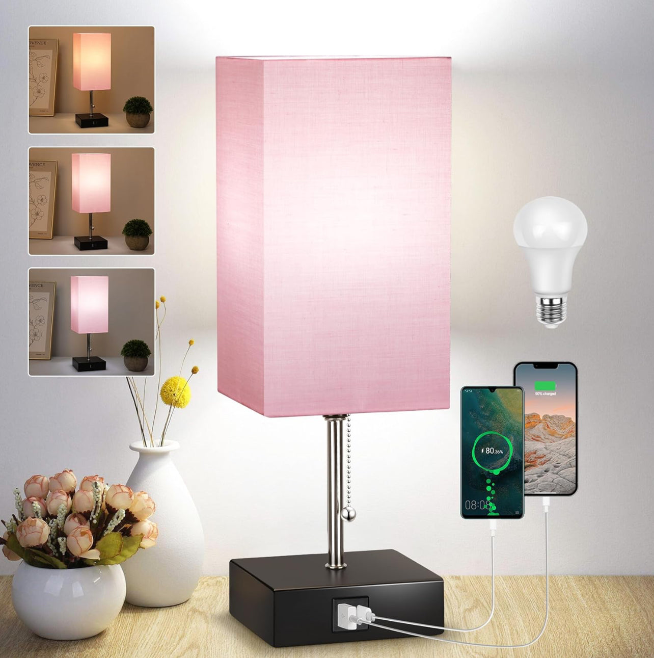 Lámpara pequeña de mesa de temperatura de 3 colores con puerto USB y toma de corriente alterna para lámparas con pantalla