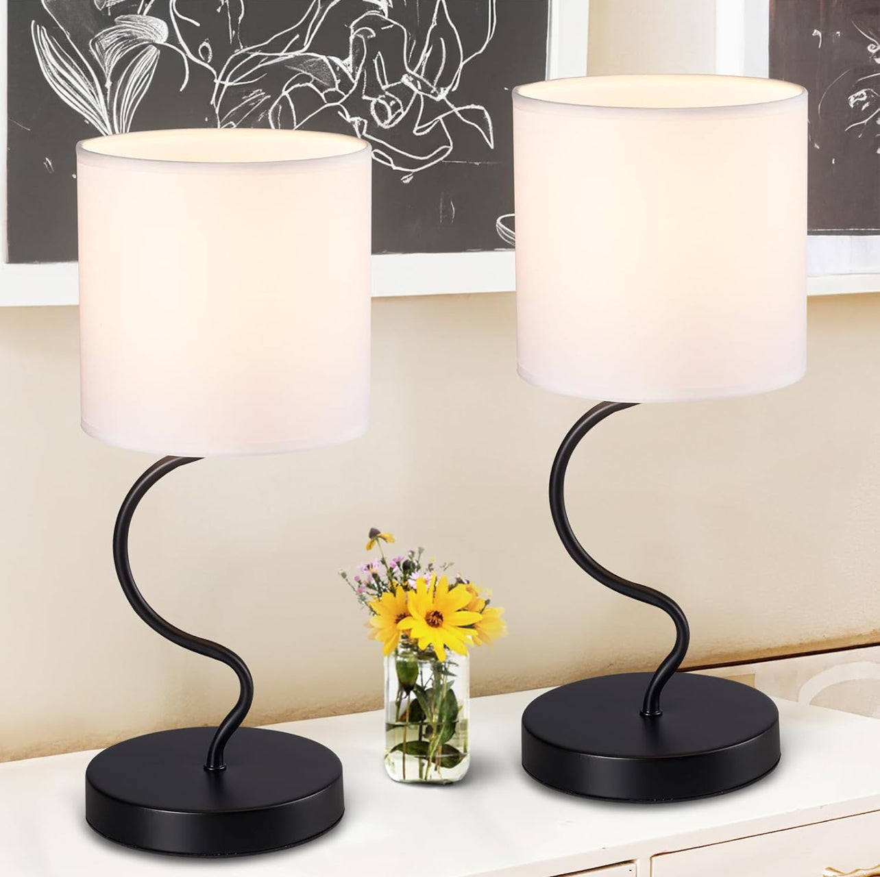 Juego de 2 lámparas de mesa, lámparas de noche para mesita de noche con interruptor de encendido/apagado, lámparas modernas con pantalla de tela, lámparas simples para dormitorio, sala