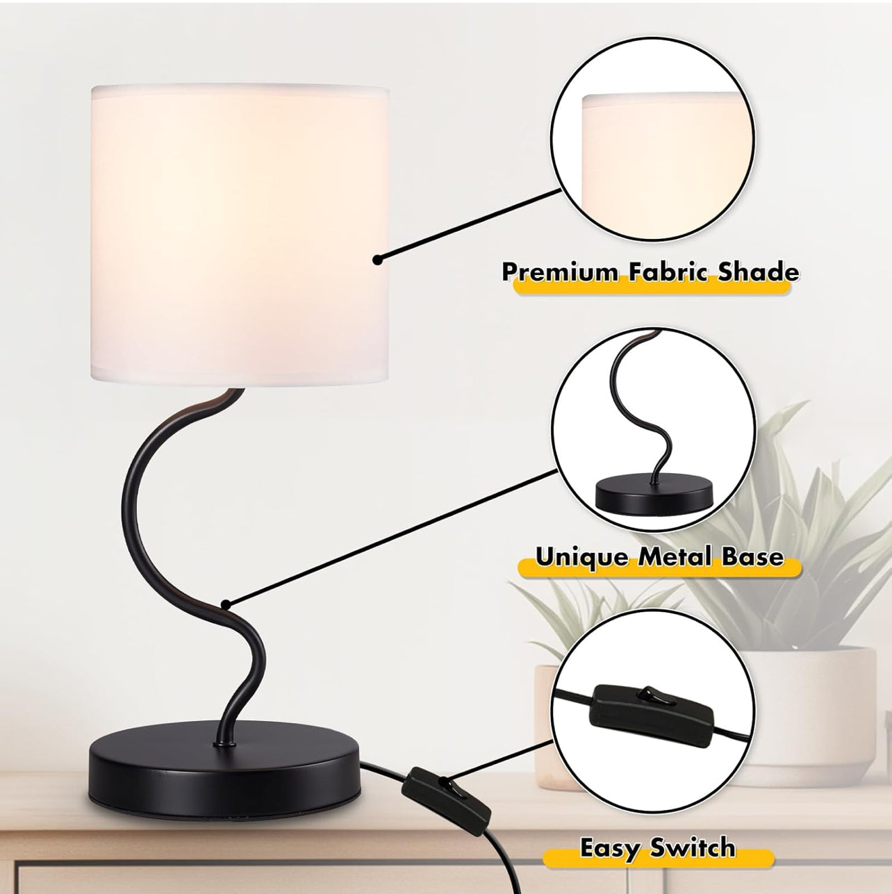Juego de 2 lámparas de mesa, lámparas de noche para mesita de noche con interruptor de encendido/apagado, lámparas modernas con pantalla de tela, lámparas simples para dormitorio, sala
