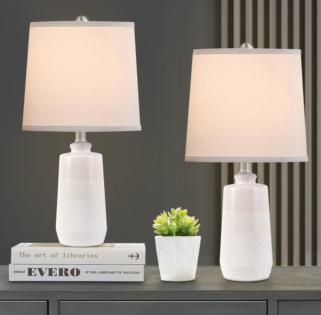 Juego de 2 lámparas de mesa de cerámica de 20.5 pulgadas para dormitorios, juego de 2 lámparas blancas para sala de estar, lámparas de cerámica minimalistas con pantalla de barril blanco, lámparas