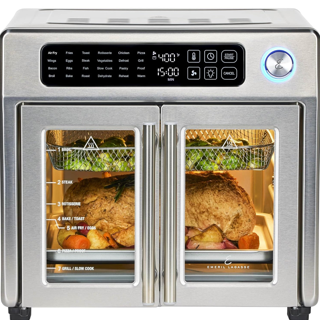 Emeril Lagasse - Freidora de aire extra grande de 26 cuartos de galón, horno tostador de convección con puertas francesas, acero inoxidable