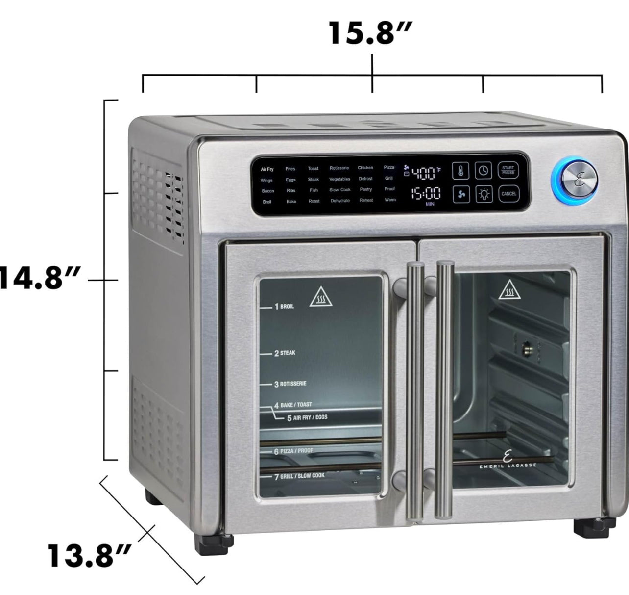 Emeril Lagasse - Freidora de aire extra grande de 26 cuartos de galón, horno tostador de convección con puertas francesas, acero inoxidable