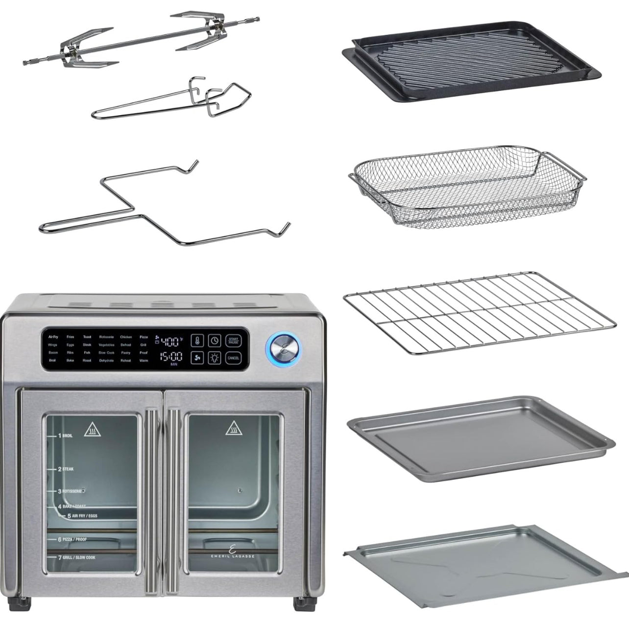 Emeril Lagasse - Freidora de aire extra grande de 26 cuartos de galón, horno tostador de convección con puertas francesas, acero inoxidable