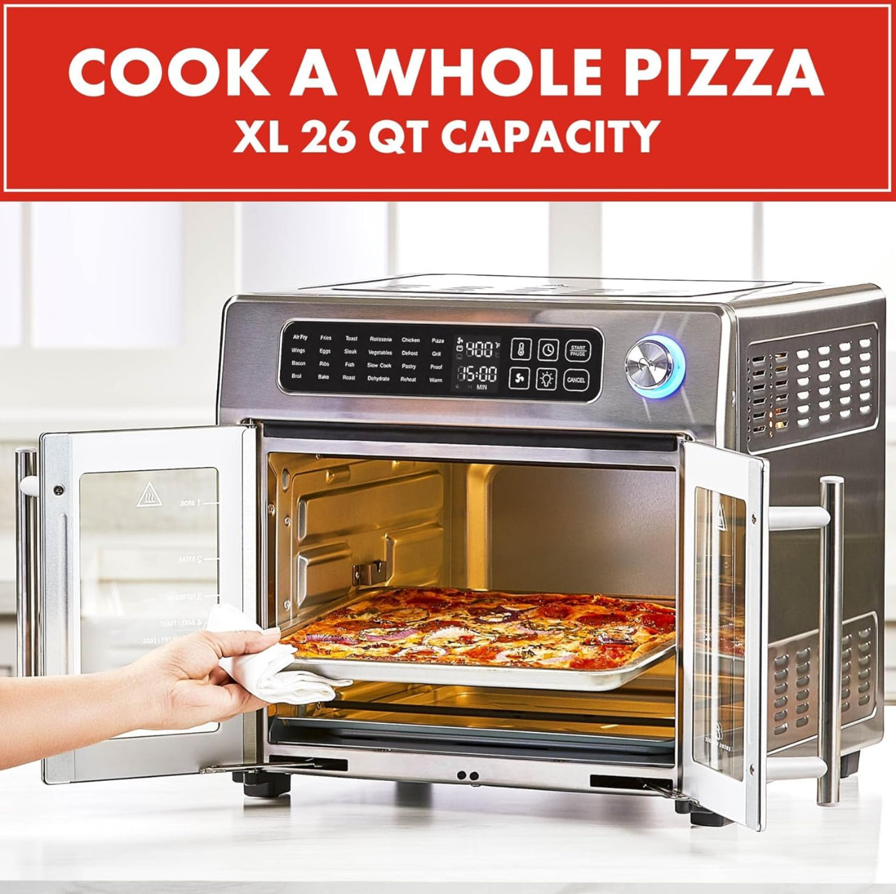 Emeril Lagasse - Freidora de aire extra grande de 26 cuartos de galón, horno tostador de convección con puertas francesas, acero inoxidable