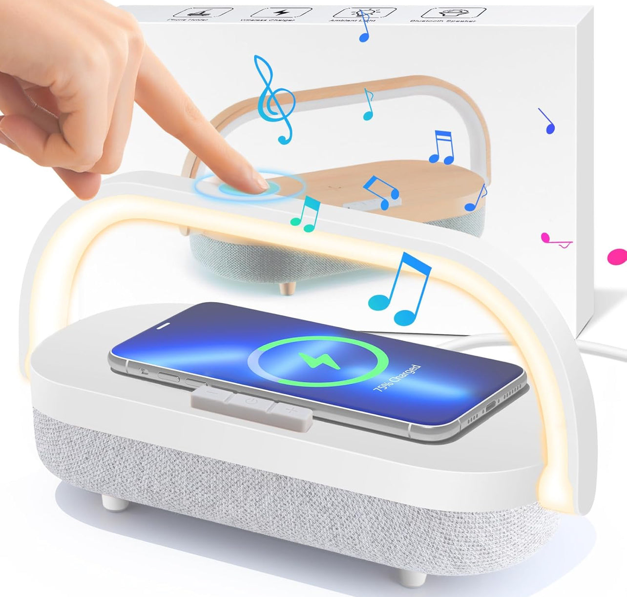 Lámpara de noche LED, lámparas táctiles para mesita de noche de dormitorio, lámpara de mesita de noche 4 en 1 con cargador inalámbrico, altavoz Bluetooth portátil