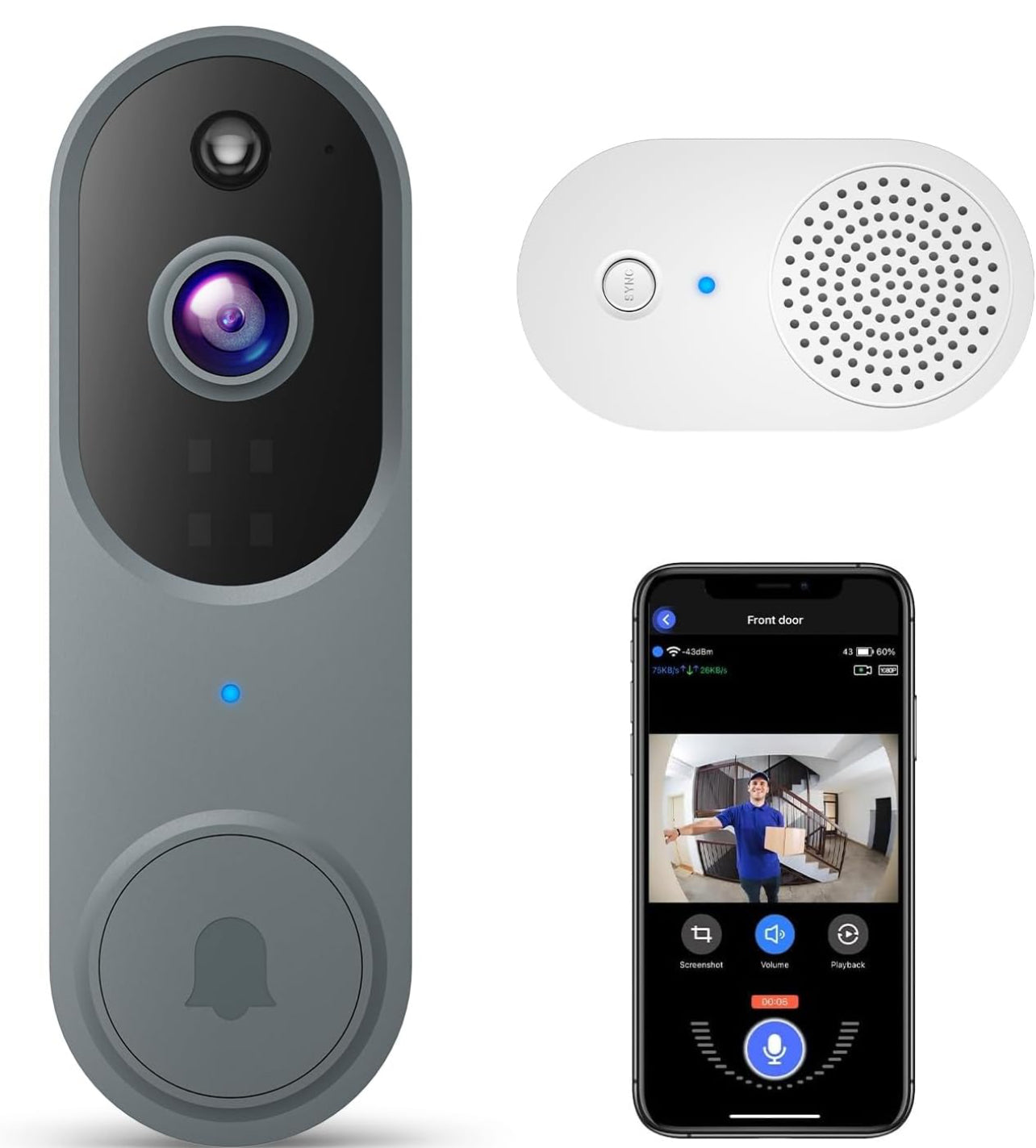 Cámara de timbre de vídeo inalámbrica 1080P con timbre, visión nocturna, solo Wi-Fi de 2,4 GHz, detección humana inteligente con inteligencia artificial