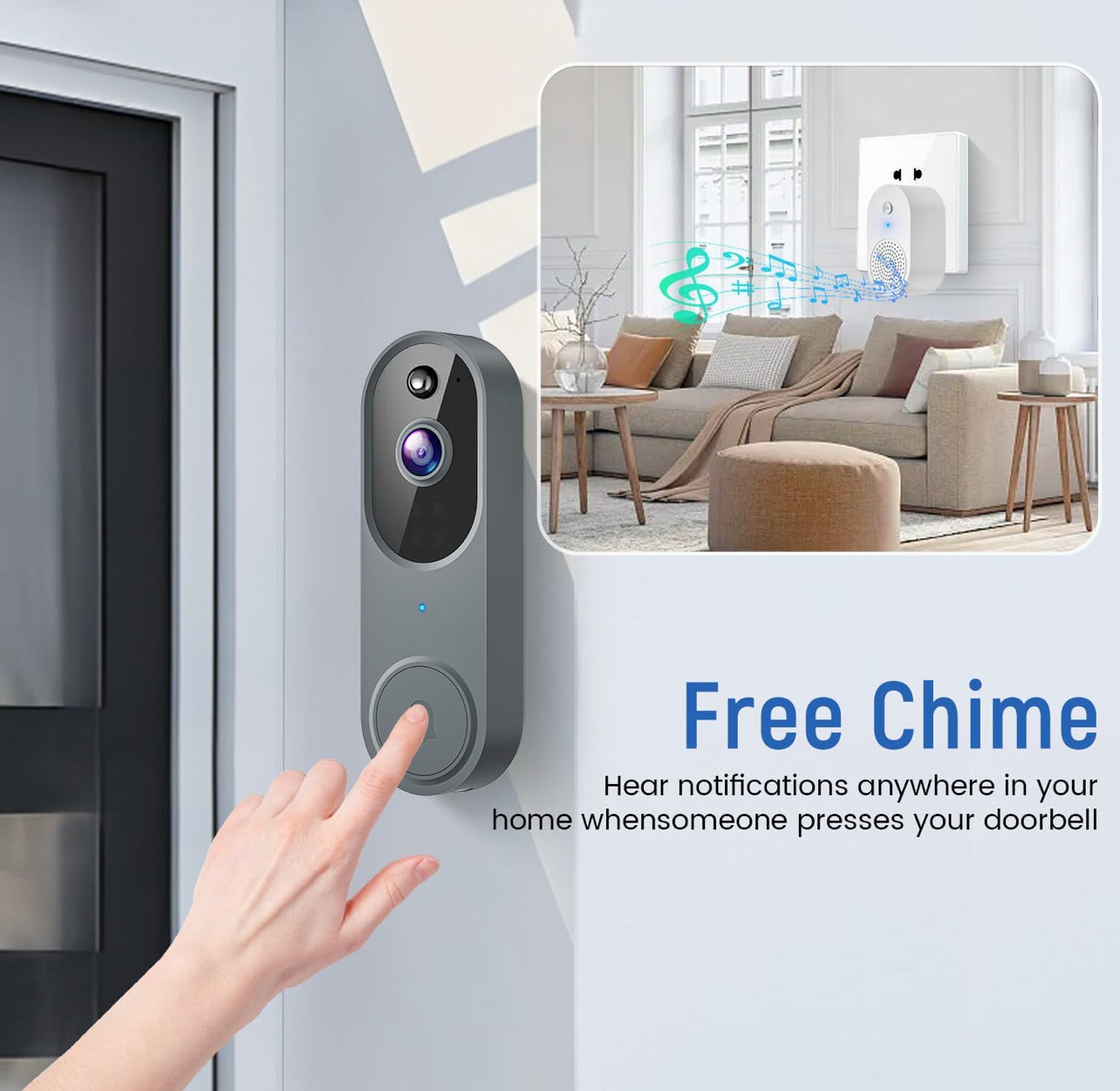 Cámara de timbre de vídeo inalámbrica 1080P con timbre, visión nocturna, solo Wi-Fi de 2,4 GHz, detección humana inteligente con inteligencia artificial