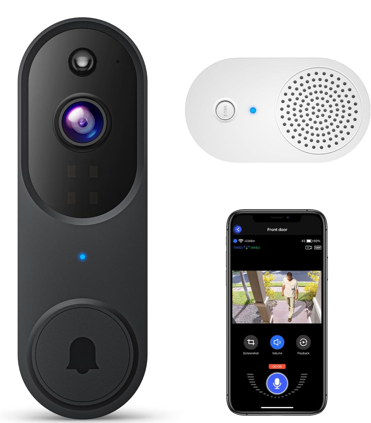Cámara de timbre de vídeo inalámbrica 1080P con timbre, visión nocturna, solo Wi-Fi de 2,4 GHz, detección humana inteligente con inteligencia artificial