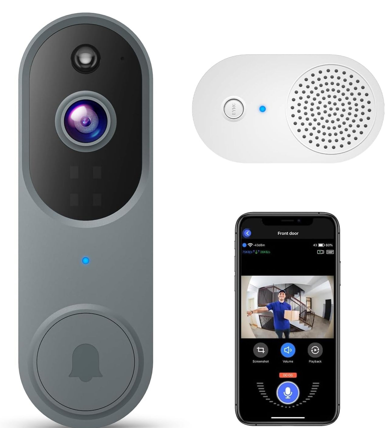 Cámara de timbre de vídeo inalámbrica 1080P con timbre, visión nocturna, solo Wi-Fi de 2,4 GHz, detección humana inteligente con inteligencia artificial