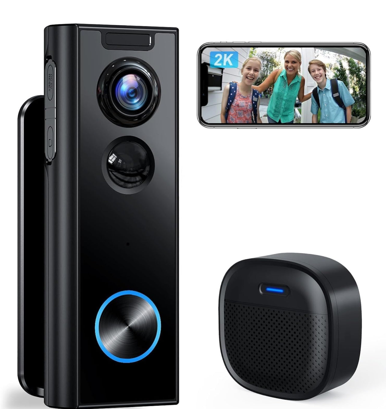 XTU Timbre inalámbrico sin suscripción, timbre de vídeo 2K con timbre, audio de 2 vías, alerta instantánea, detección humana, visión nocturna, Wi-Fi 2.4G