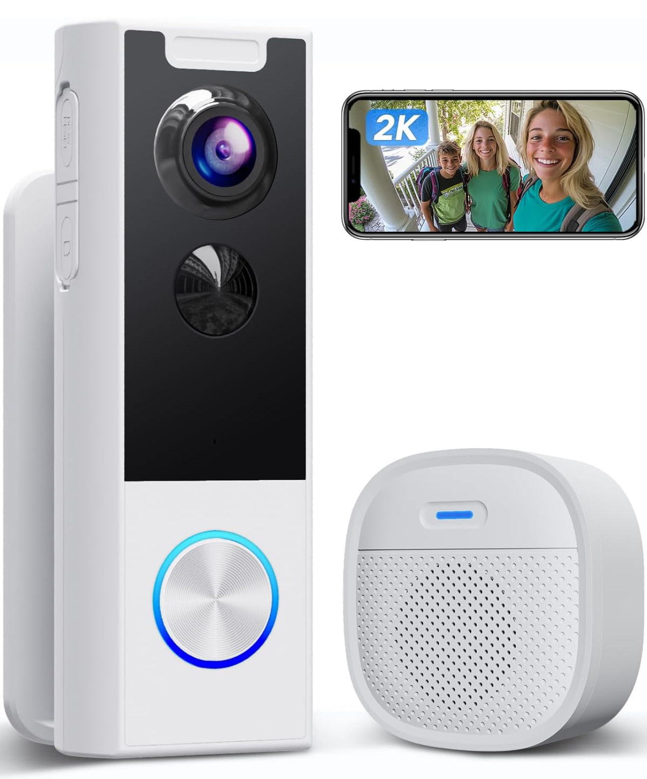 XTU Timbre inalámbrico sin suscripción, timbre de vídeo 2K con timbre, audio de 2 vías, alerta instantánea, detección humana, visión nocturna, Wi-Fi 2.4G
