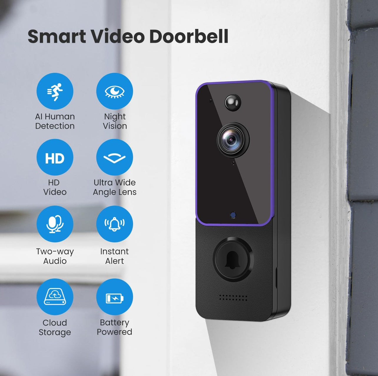 Cámara de timbre inalámbrica, cámara de vídeo inteligente con timbre, detección humana AI, audio bidireccional
