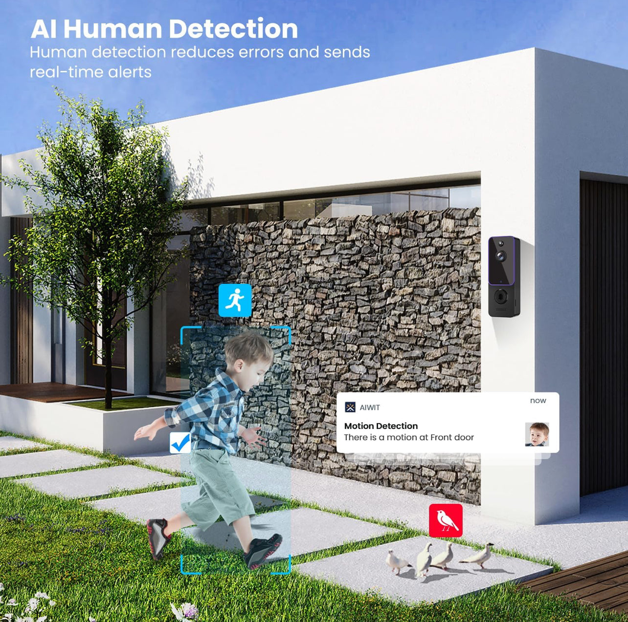 Cámara de timbre inalámbrica, cámara de vídeo inteligente con timbre, detección humana AI, audio bidireccional