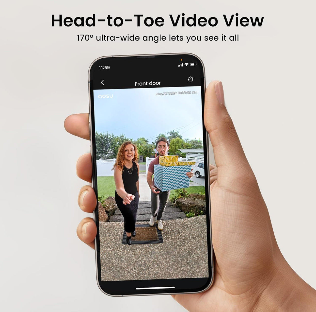AOSU Timbre inalámbrico - Vista de pies a cabeza, detección inteligente de paquetes, timbre de vídeo Wi-Fi 2.4G con timbre