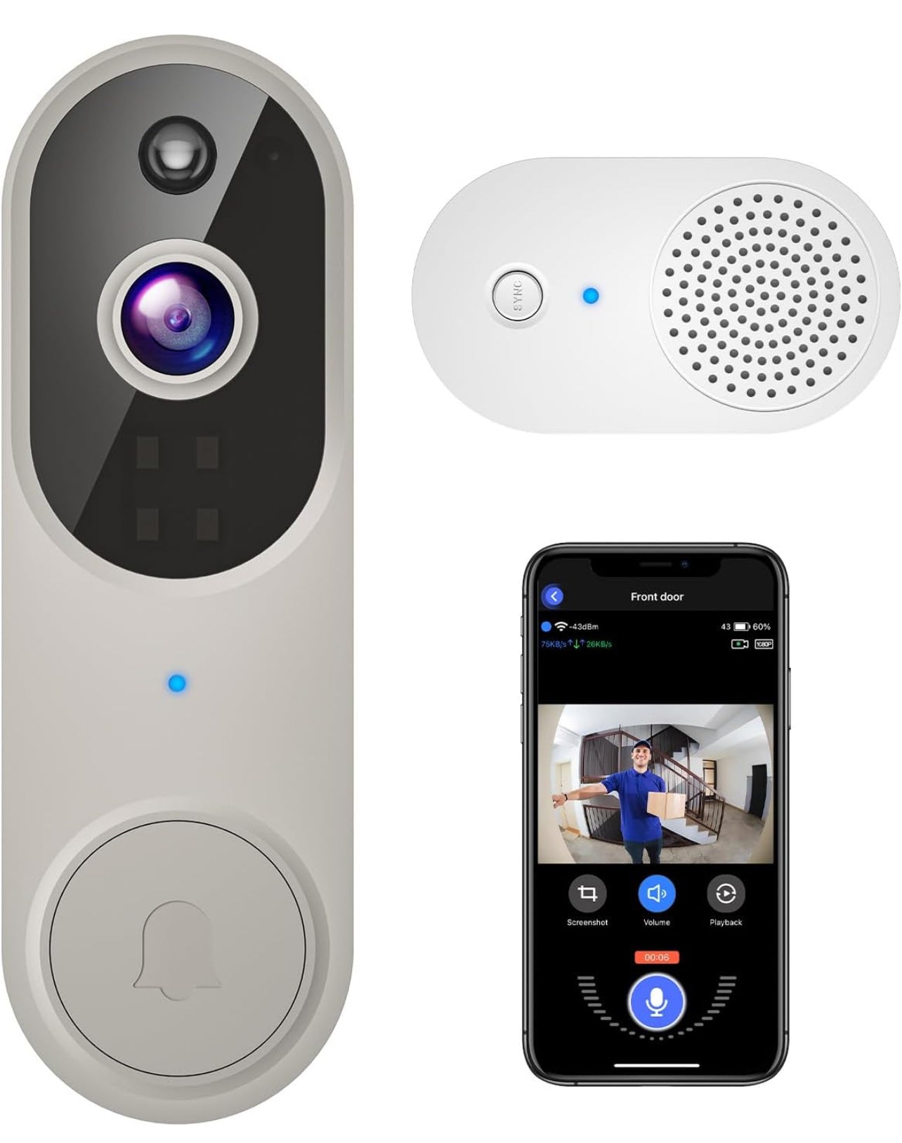 Cámara de timbre de vídeo inalámbrica 1080P con timbre, visión nocturna, solo Wi-Fi de 2,4 GHz, detección humana inteligente con inteligencia artificial