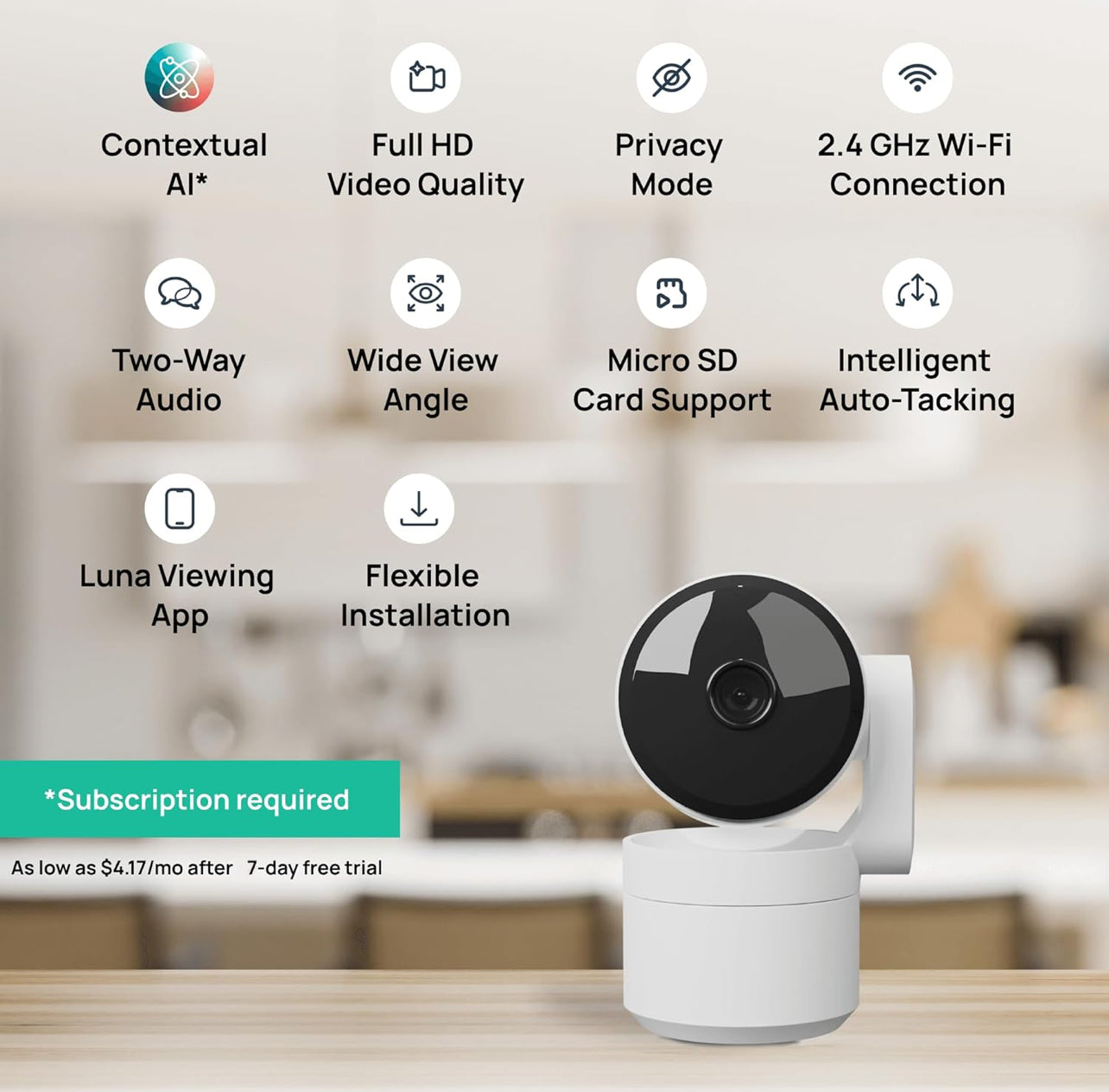 Cámara de seguridad para el hogar con panorámica/inclinación para interiores, enchufe de 360°, visión nocturna, Wi-Fi