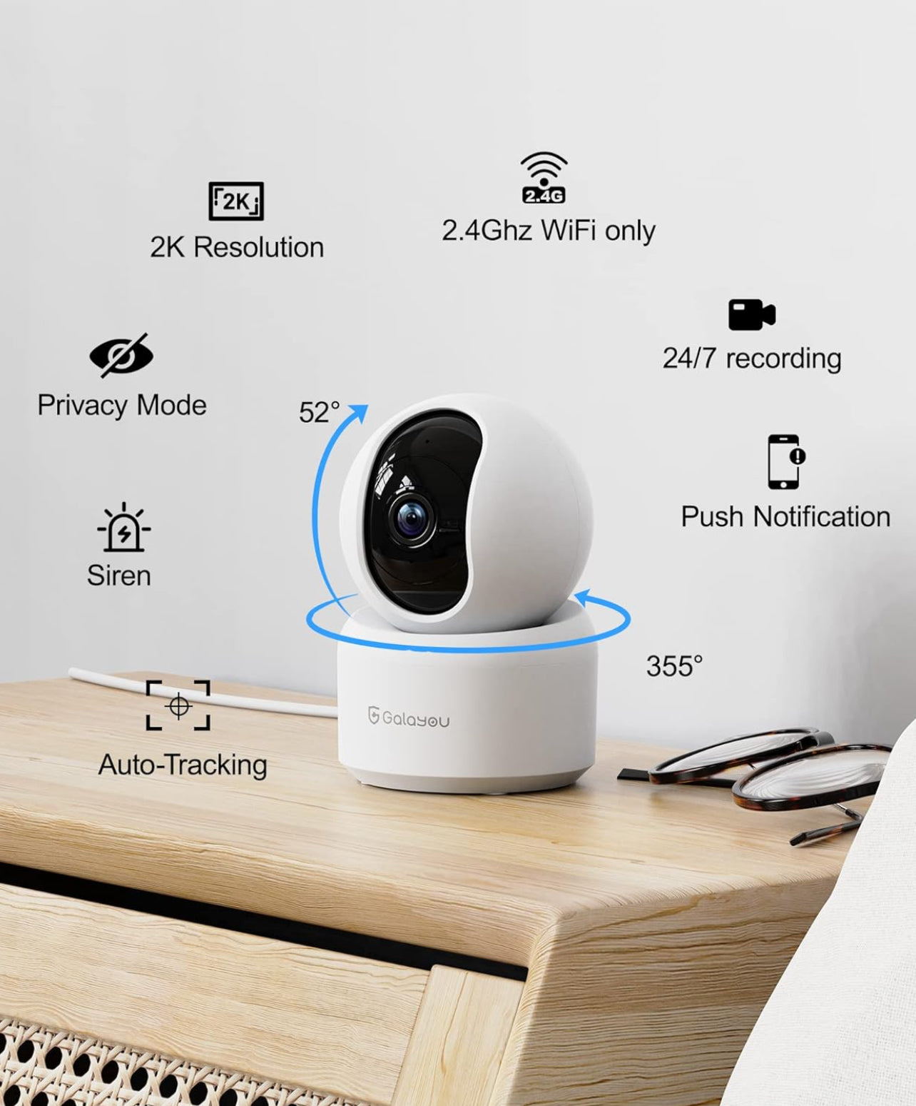 GALAYOU Cámara de seguridad para interiores 2K, cámara para mascotas, cámara de seguridad WiFi de 360 grados 2.4G para bebé