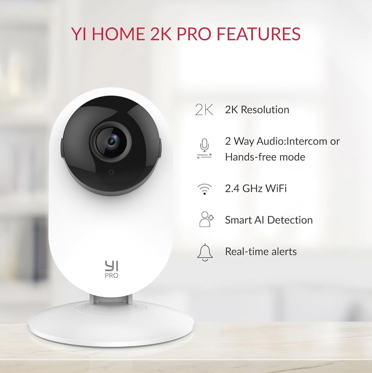 YI Cámara de seguridad para el hogar Pro 2K, cámara interior con cable de 2,4 GHz con persona, vehículo, detección inteligente de animales, aplicación de teléfono, compatible con Alexa y Google