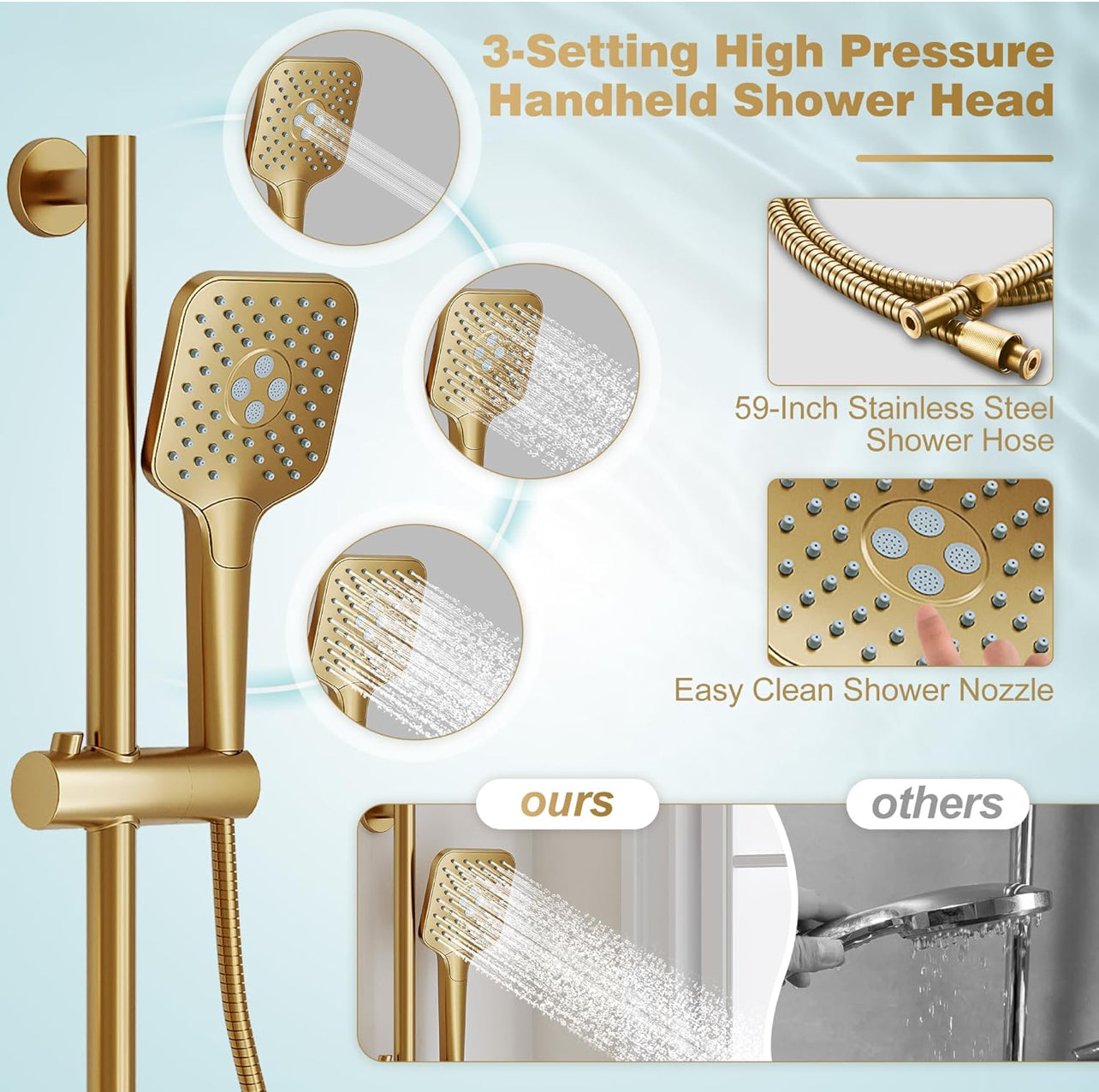 Gabrylly Juego de grifo de ducha para bañera, sistema de ducha de barra deslizante con cabezal de ducha de mano