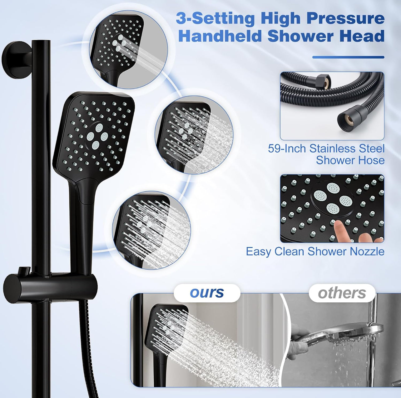 Gabrylly Juego de grifo de ducha para bañera, sistema de ducha de barra deslizante con cabezal de ducha de mano