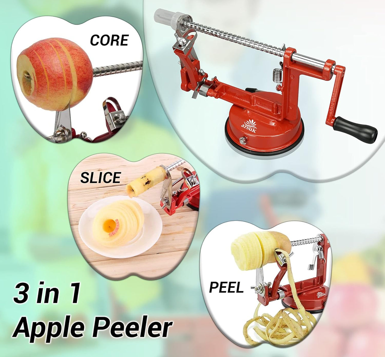 ARSUK Pelador de manzana, descorazonador, rebanador (calidad premium) Máquina peladora 3 en 1