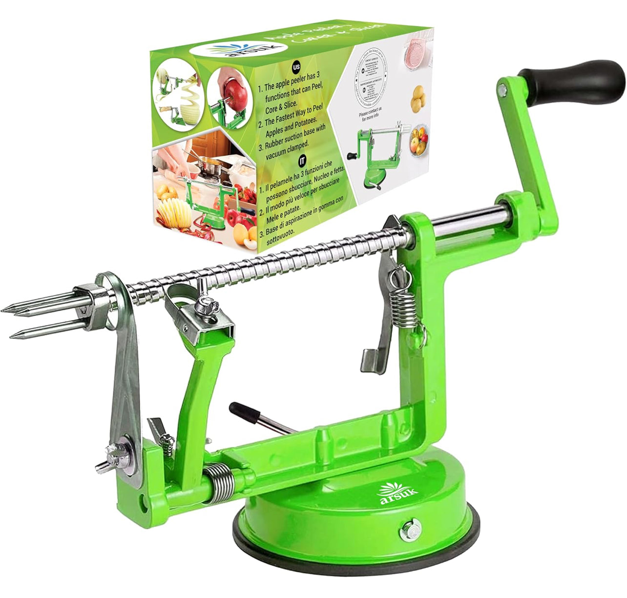 ARSUK Pelador de manzana, descorazonador, rebanador (calidad premium) Máquina peladora 3 en 1