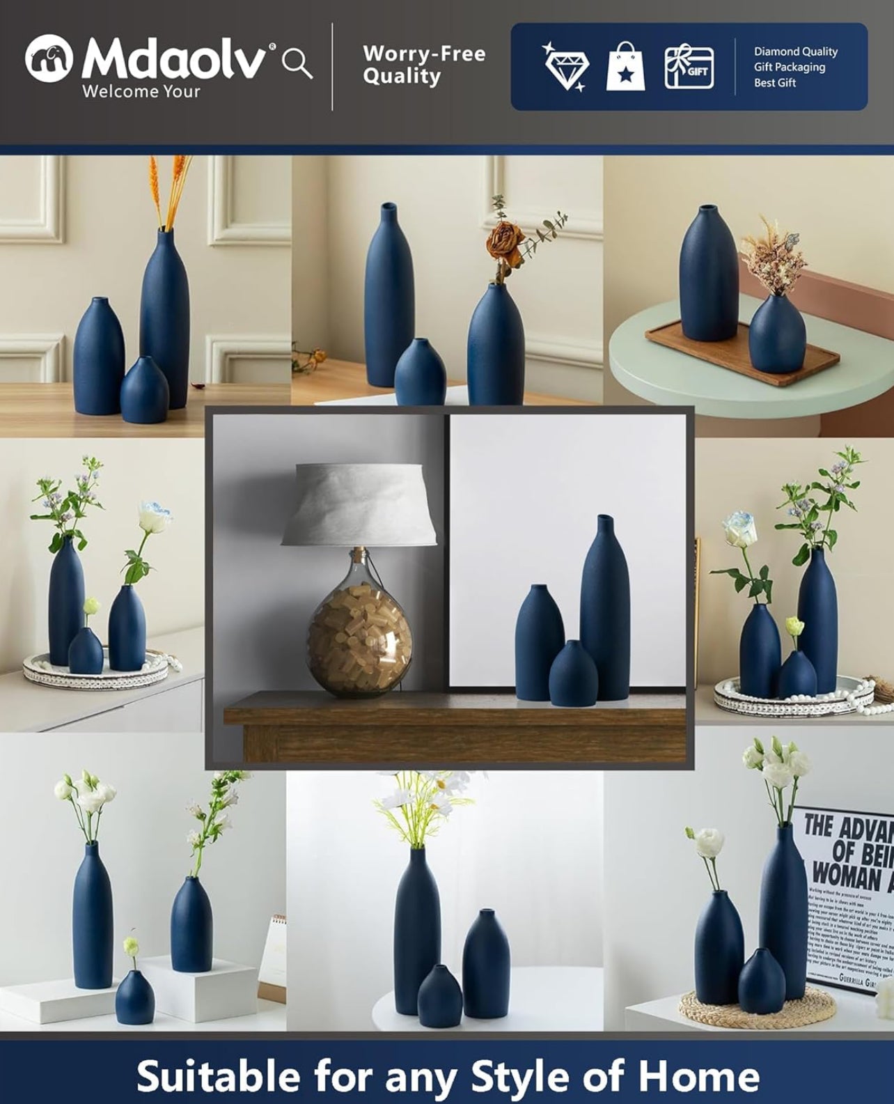 Juego de jarrones color azul mate, decoración costera