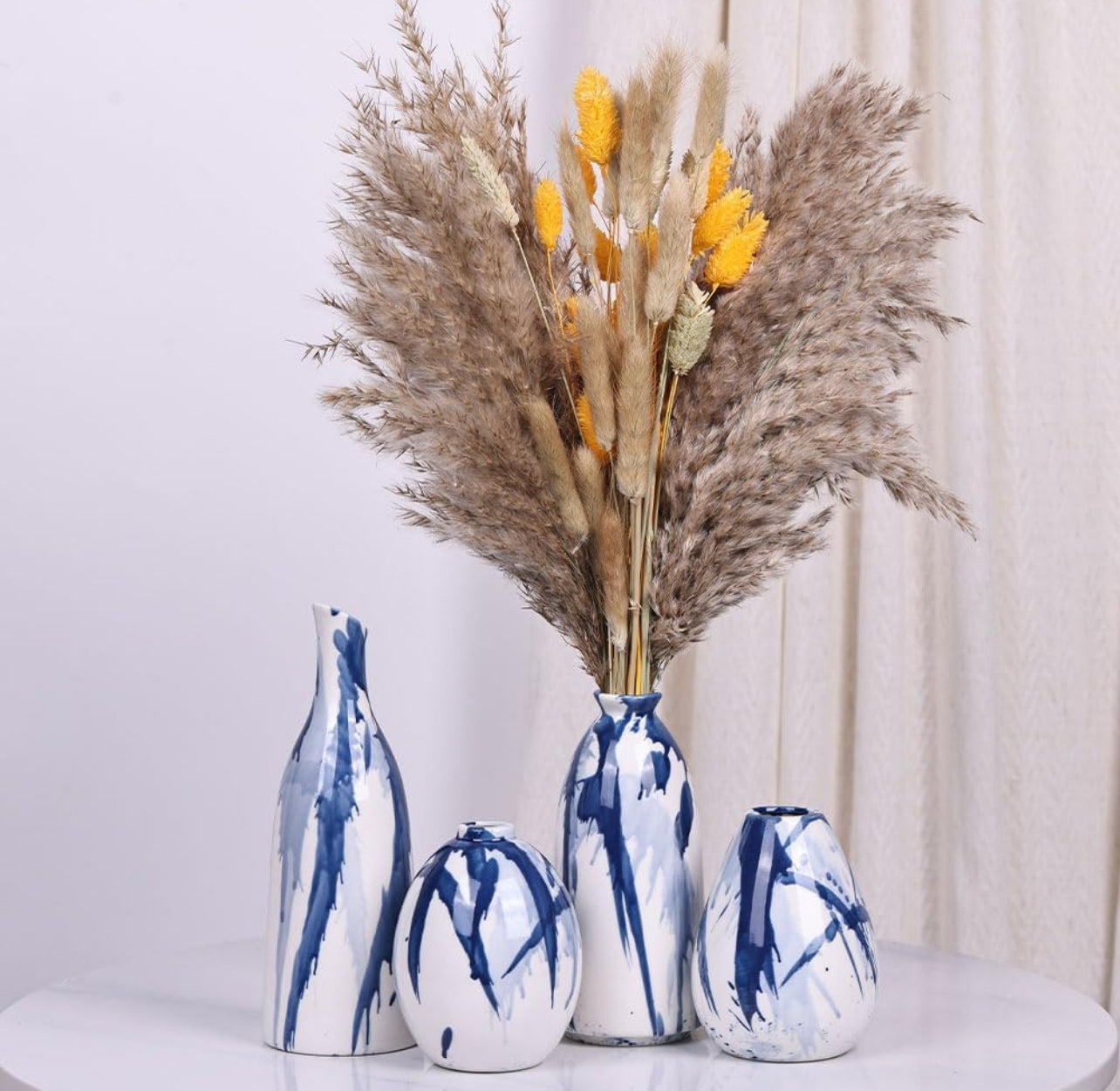 Juego de 4 jarrones de cerámica azul y blanco, modernos jarrones decorativos de color azul marino