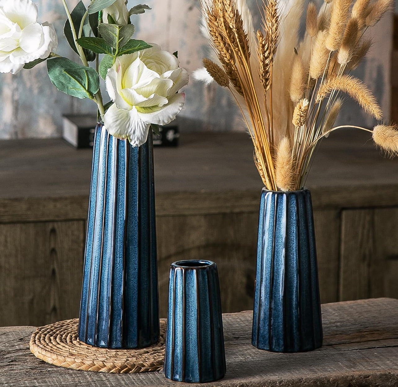 Jarrones de cerámica azul – 3 pequeños jarrones acanalados para flores, decoración minimalista moderna del hogar