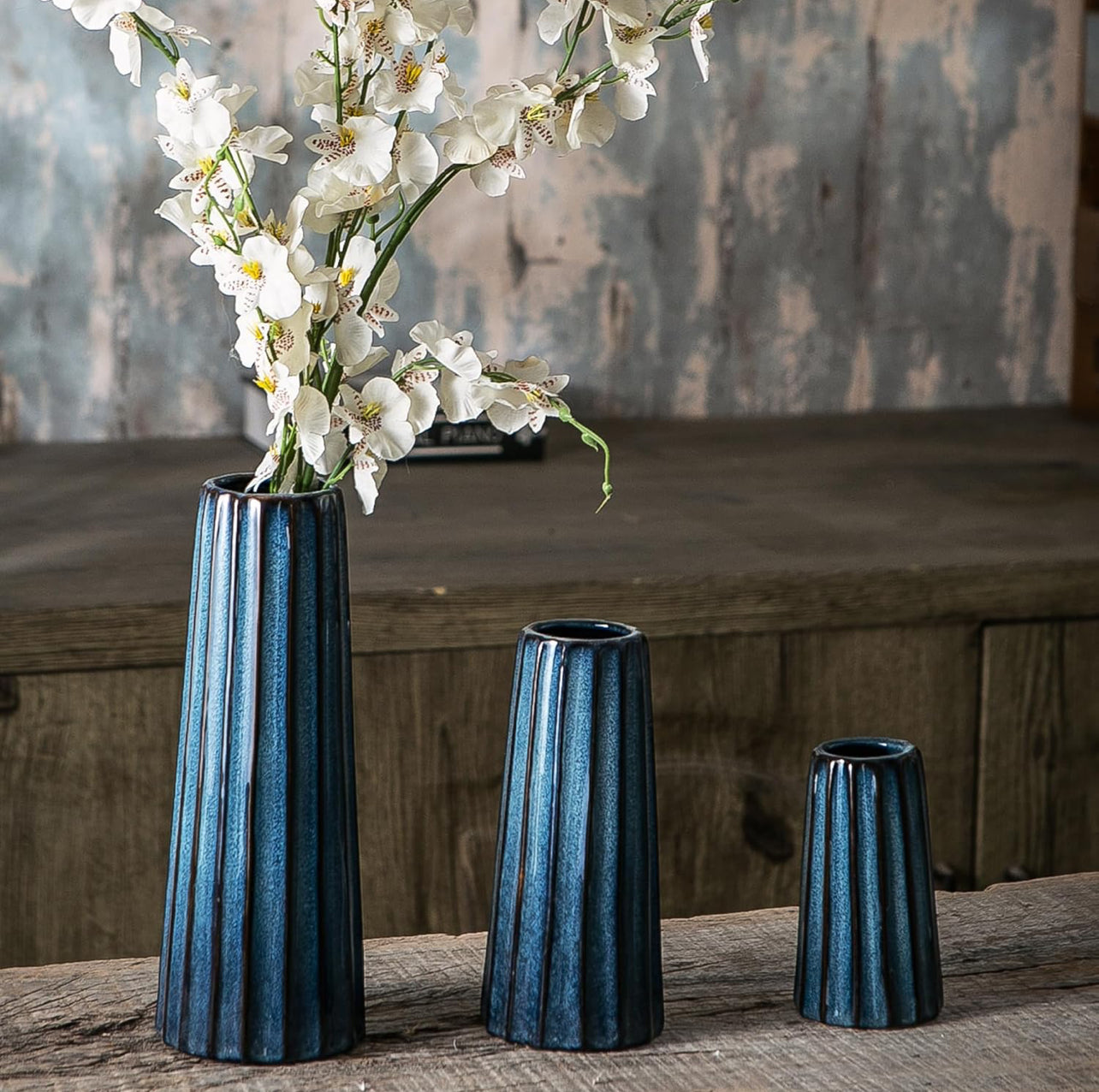 Jarrones de cerámica azul – 3 pequeños jarrones acanalados para flores, decoración minimalista moderna del hogar
