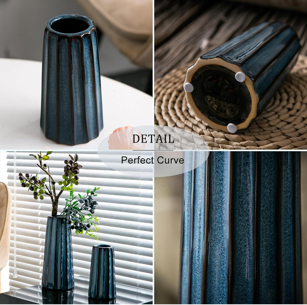 Jarrones de cerámica azul – 3 pequeños jarrones acanalados para flores, decoración minimalista moderna del hogar