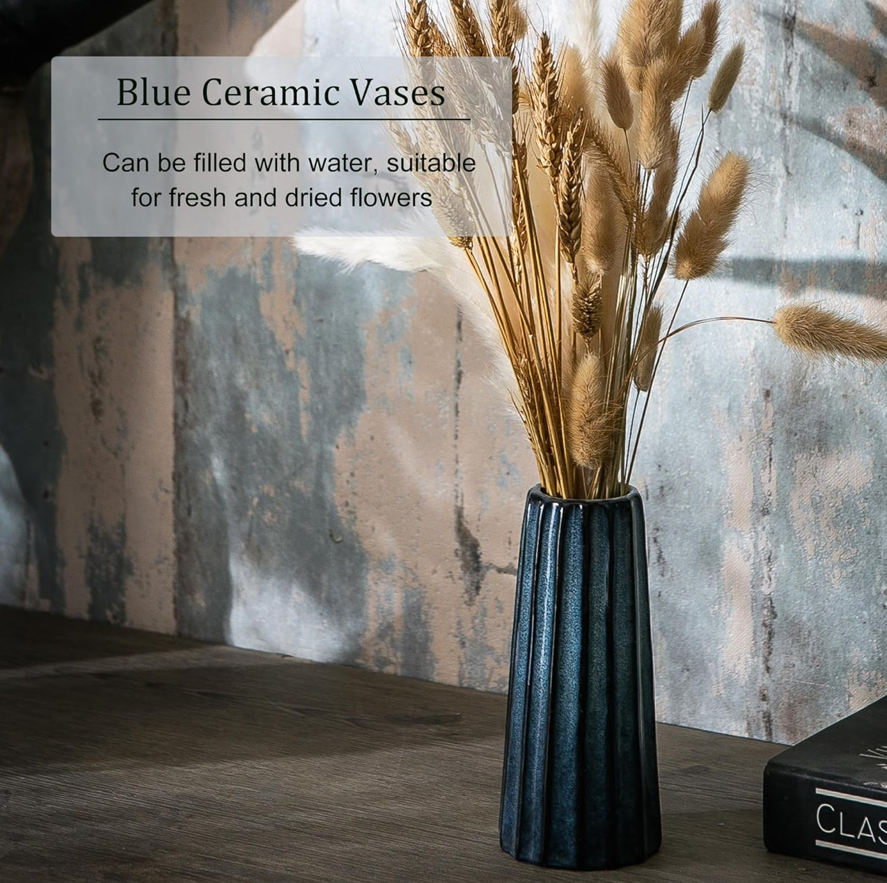 Jarrones de cerámica azul – 3 pequeños jarrones acanalados para flores, decoración minimalista moderna del hogar