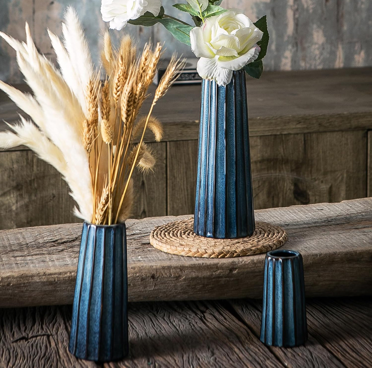 Jarrones de cerámica azul – 3 pequeños jarrones acanalados para flores, decoración minimalista moderna del hogar