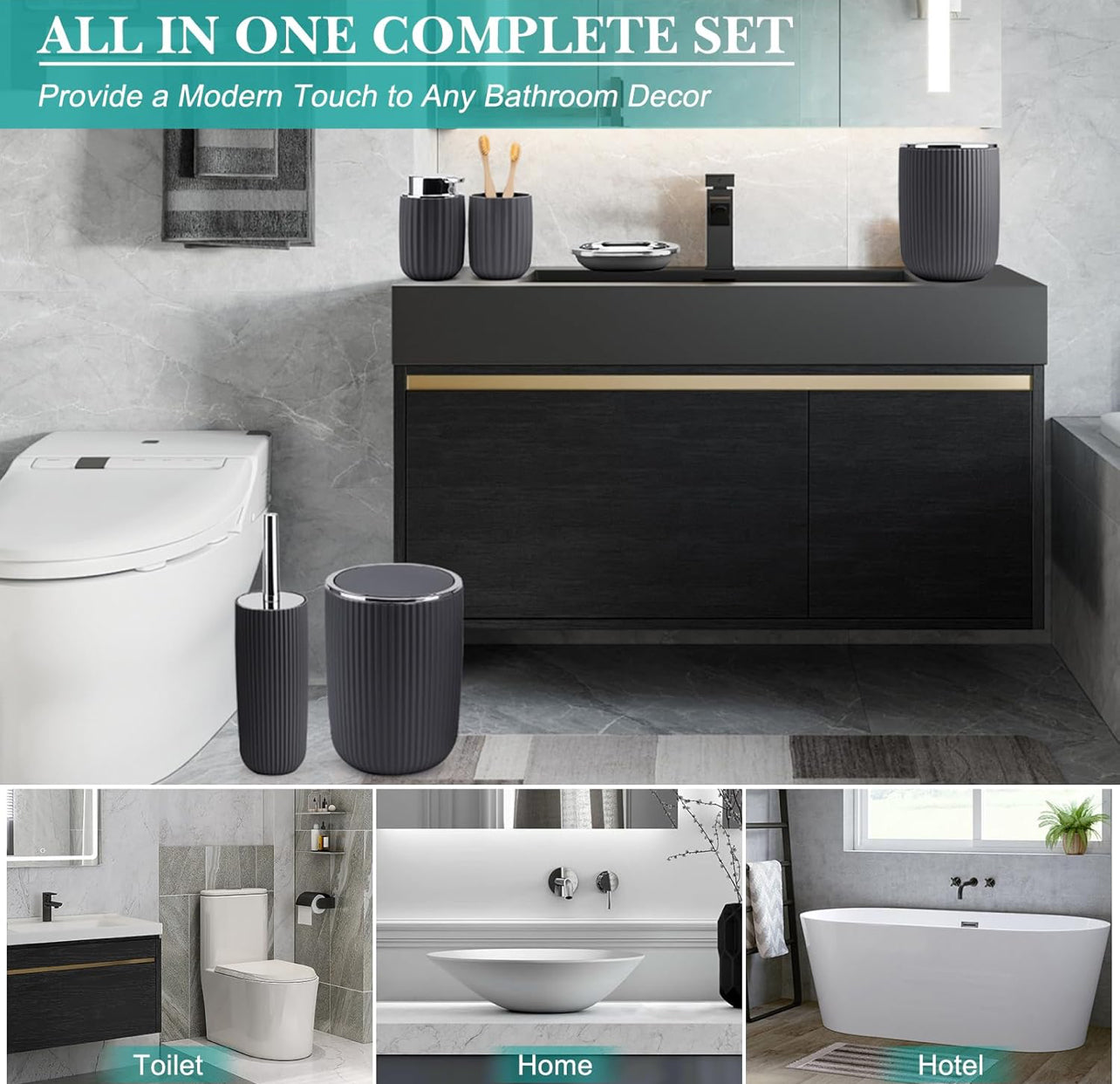 Boperzi Juego de accesorios de baño completo: juego de accesorios de baño de 8 piezas con bote de basura