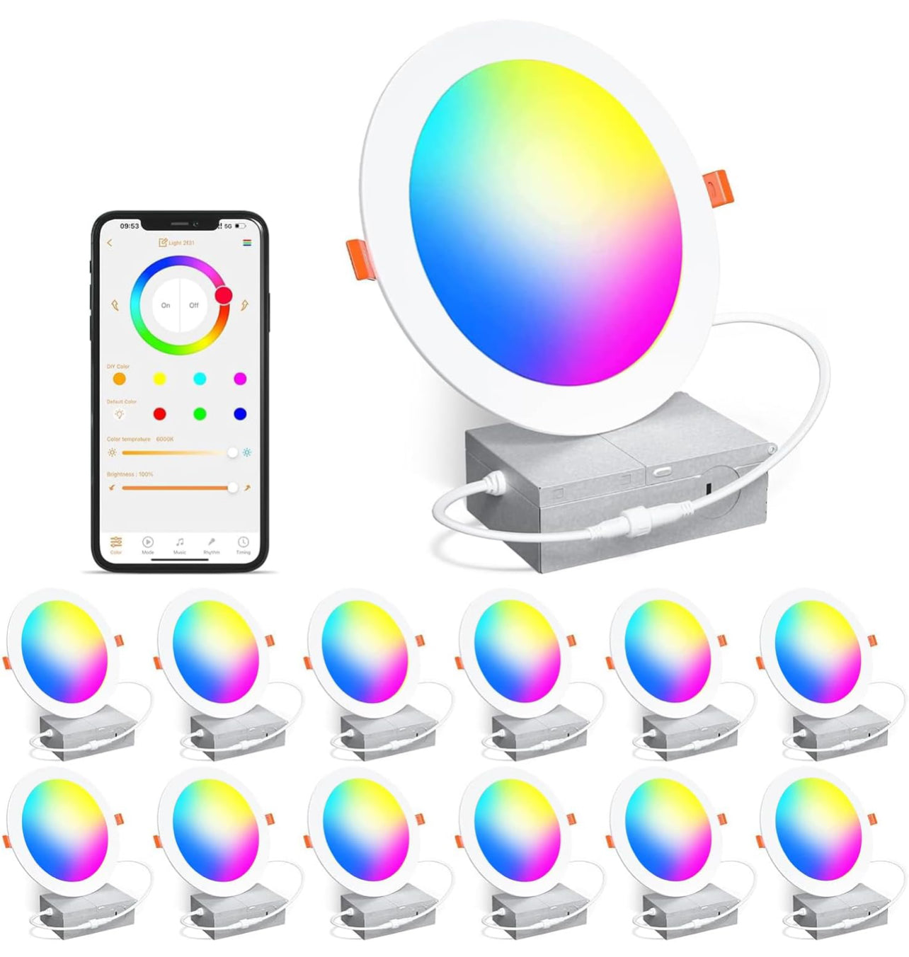Iluminación empotrable inteligente de 4 pulgadas que cambia de color LED de 12 W, luz de techo empotrada de 1200 lúmenes compatible con Alexa