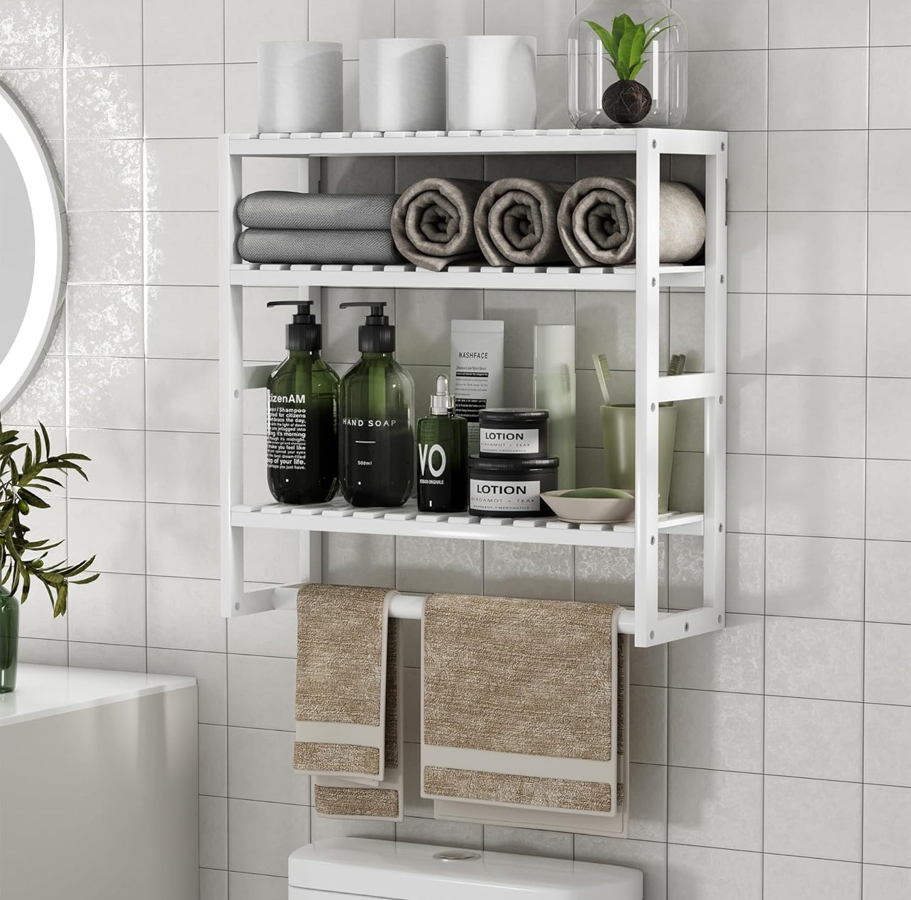 PPN Toallero de baño, estantes de almacenamiento sobre el inodoro con toallero, 100% bambú