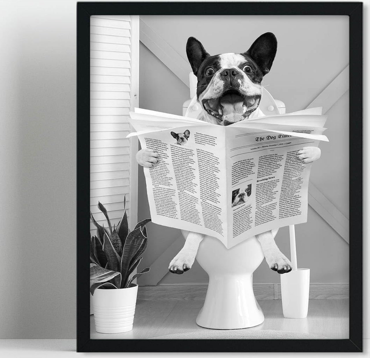 Biufo Arte enmarcado para pared, diseño de perro en inodoro, póster impreso en lienzo negro y blanco para baño, dormitorio (8 x 10 pulgadas)