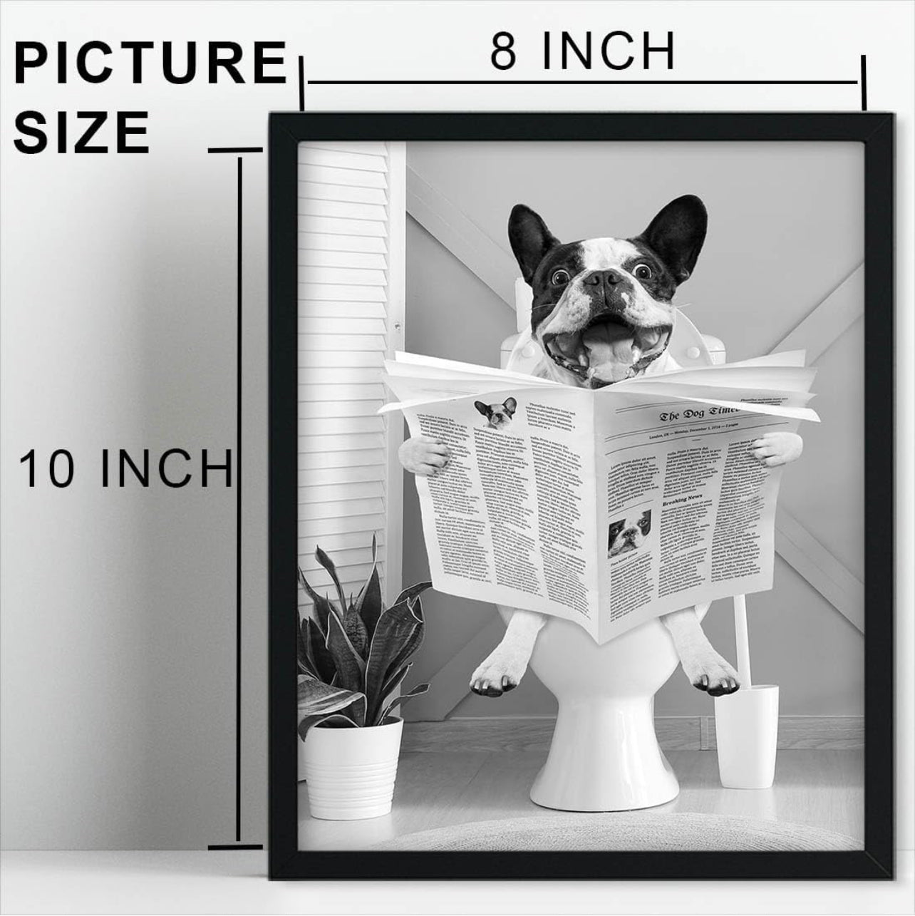 Biufo Arte enmarcado para pared, diseño de perro en inodoro, póster impreso en lienzo negro y blanco para baño, dormitorio (8 x 10 pulgadas)