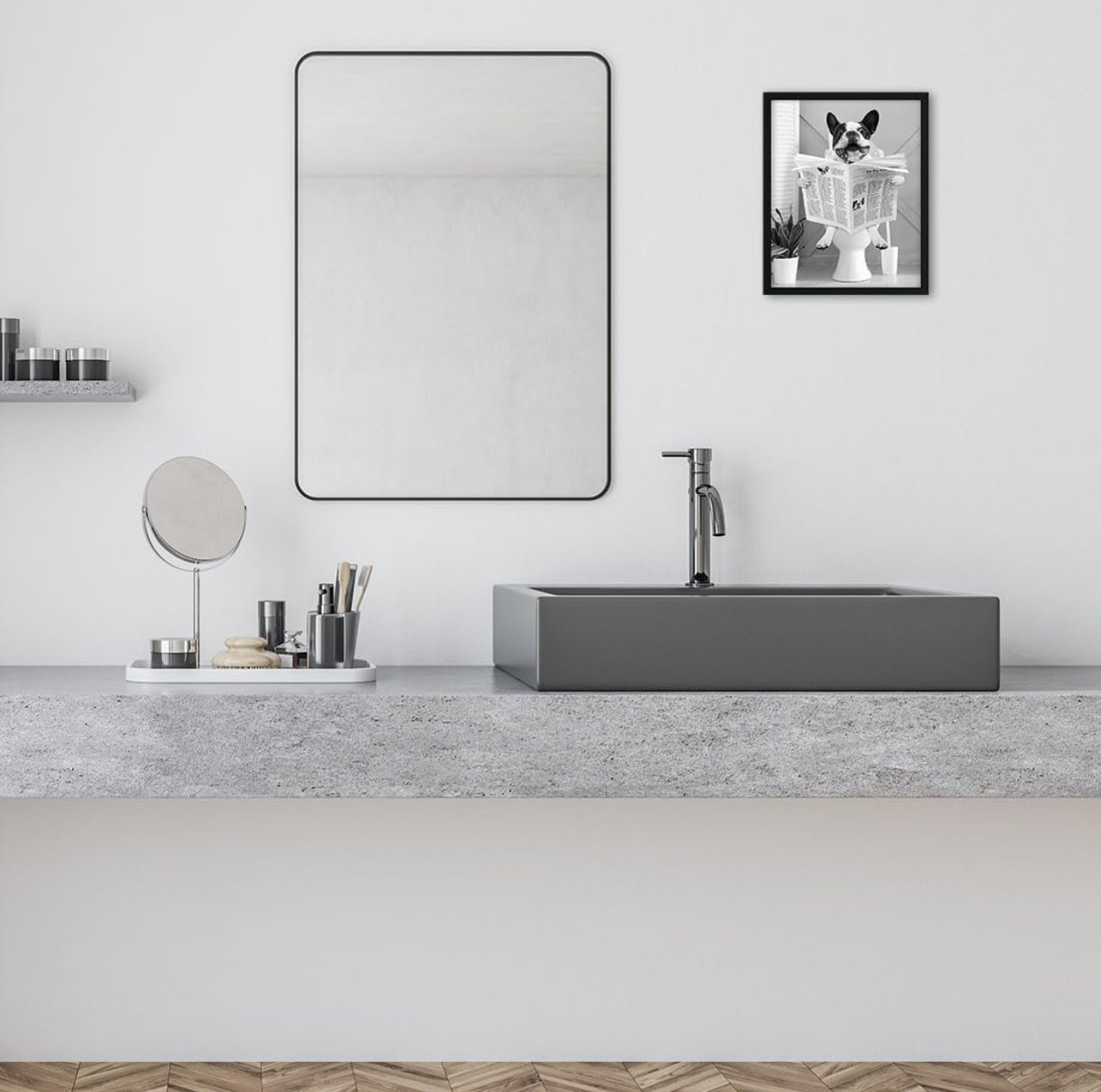Biufo Arte enmarcado para pared, diseño de perro en inodoro, póster impreso en lienzo negro y blanco para baño, dormitorio (8 x 10 pulgadas)