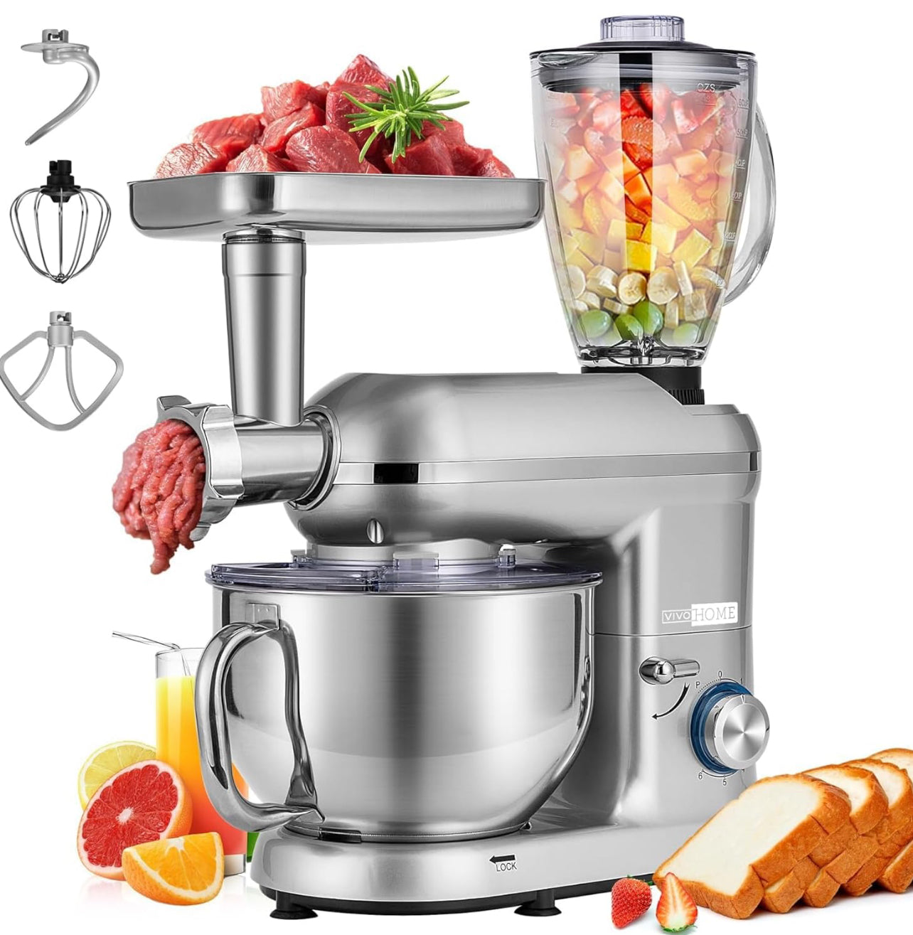 VIVOHOME Batidora multifuncional 3 en 1 con cuenco de acero inoxidable de 6 cuartos de galón