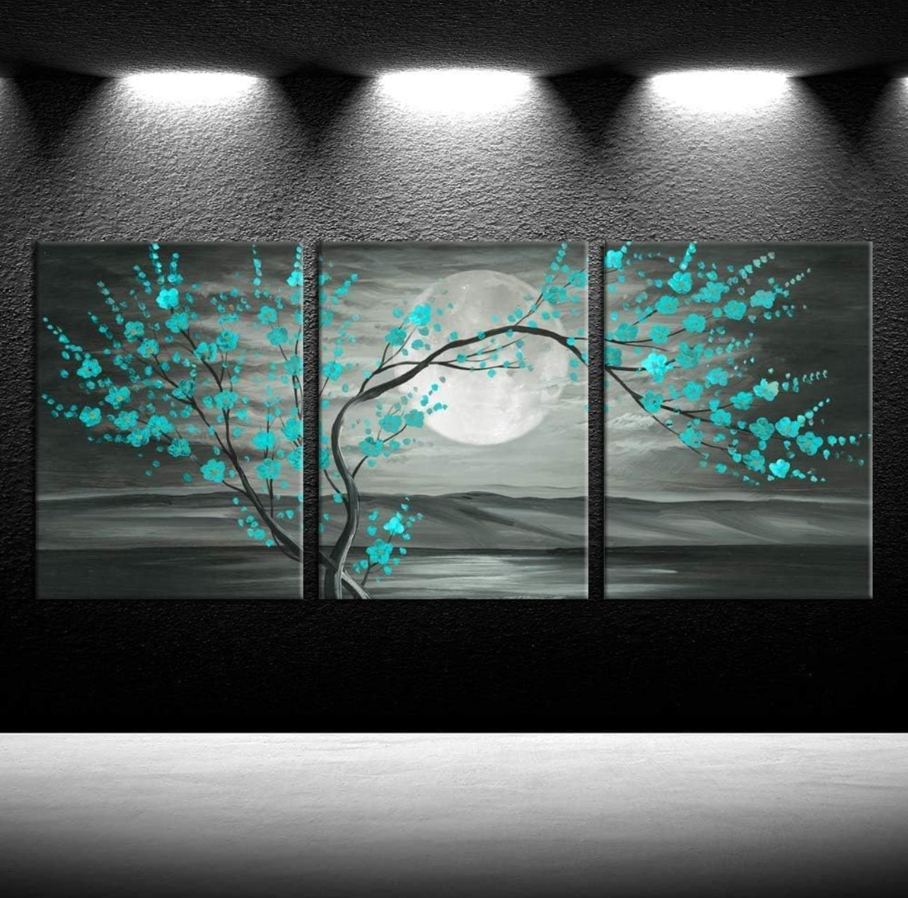 iKNOW FOTO 3 lienzos florales grises y verde azulado enmarcados con pintura al óleo de árbol de flor de ciruelo, impresas en lienzo