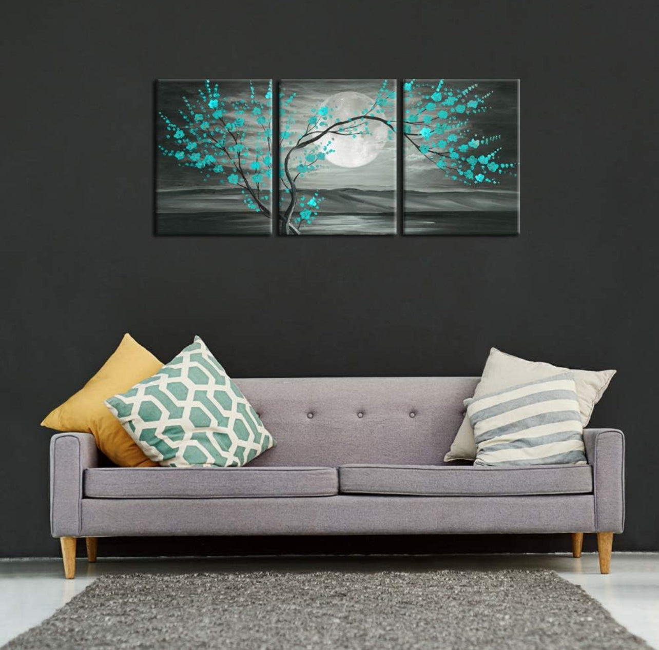 iKNOW FOTO 3 lienzos florales grises y verde azulado enmarcados con pintura al óleo de árbol de flor de ciruelo, impresas en lienzo