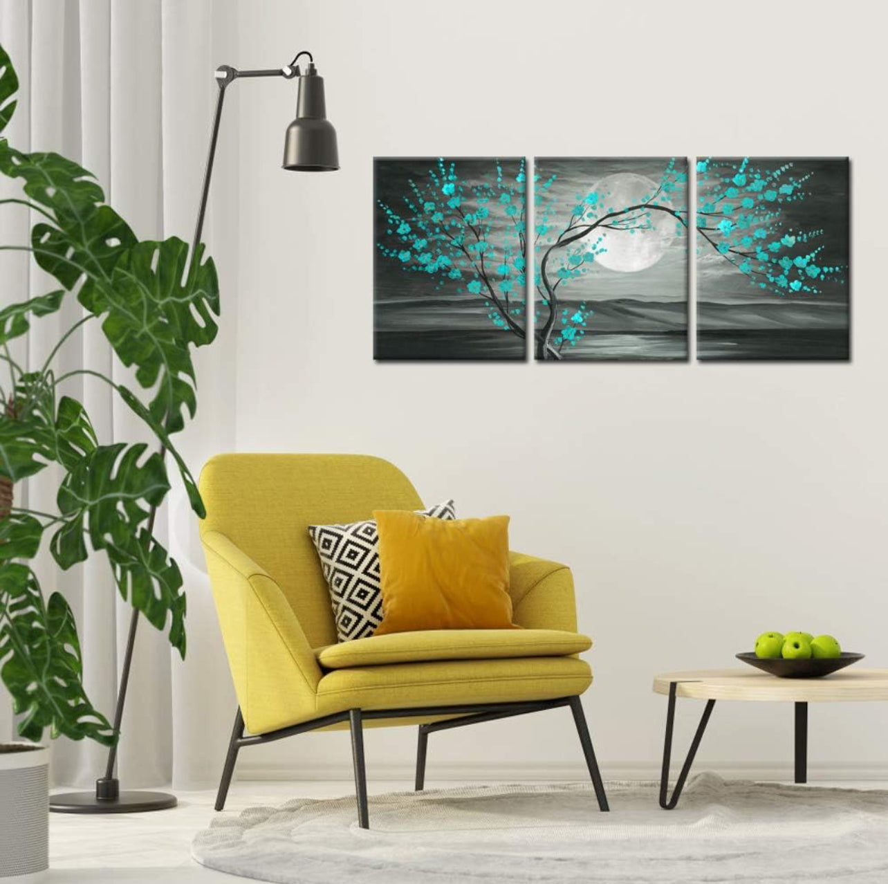 iKNOW FOTO 3 lienzos florales grises y verde azulado enmarcados con pintura al óleo de árbol de flor de ciruelo, impresas en lienzo